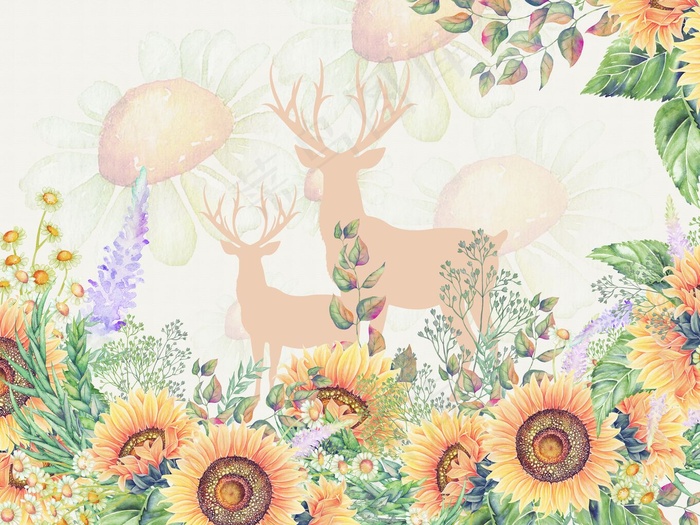 手绘向日葵北欧客厅餐厅卧室背景墙