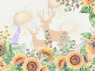 手绘向日葵北欧客厅餐厅卧室背景墙