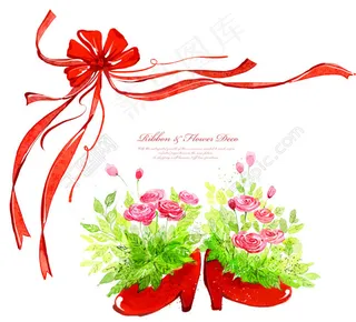 红色蝴蝶结丝带与玫瑰