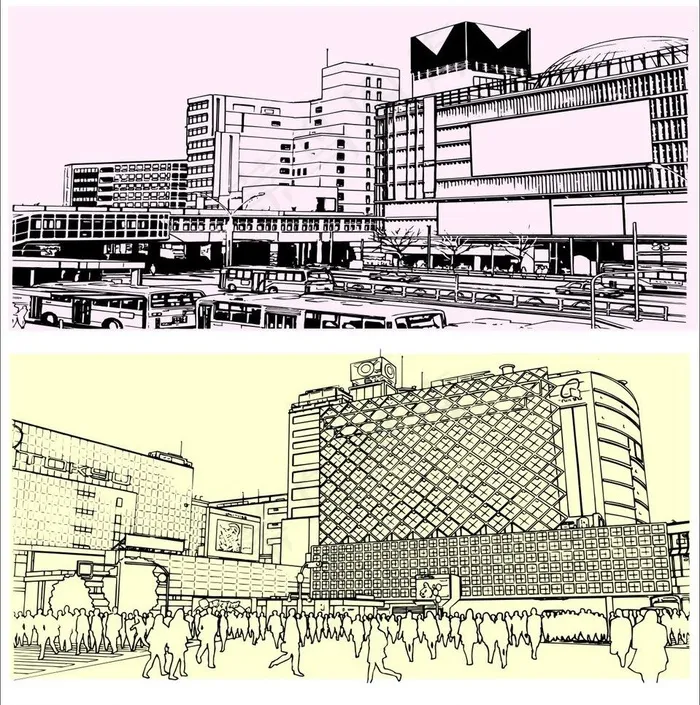 城市线描图图片cdr矢量模版下载