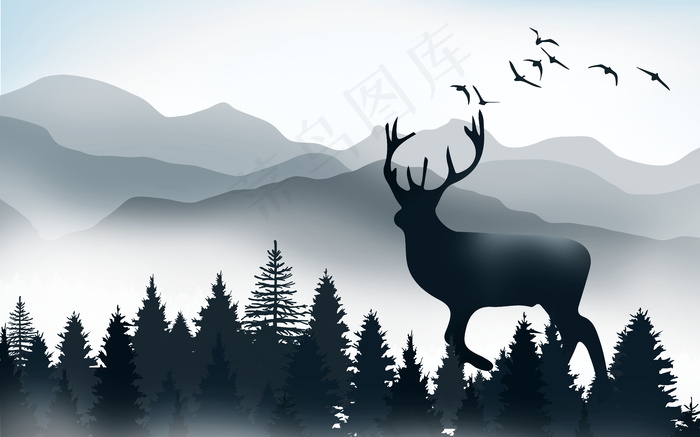 水墨山水麋鹿新中式意境背景墙