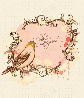 花卉背景矢量插画与花的框架和鸟