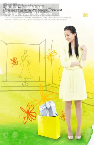 购物美女与卡通背景PSD分层素材五