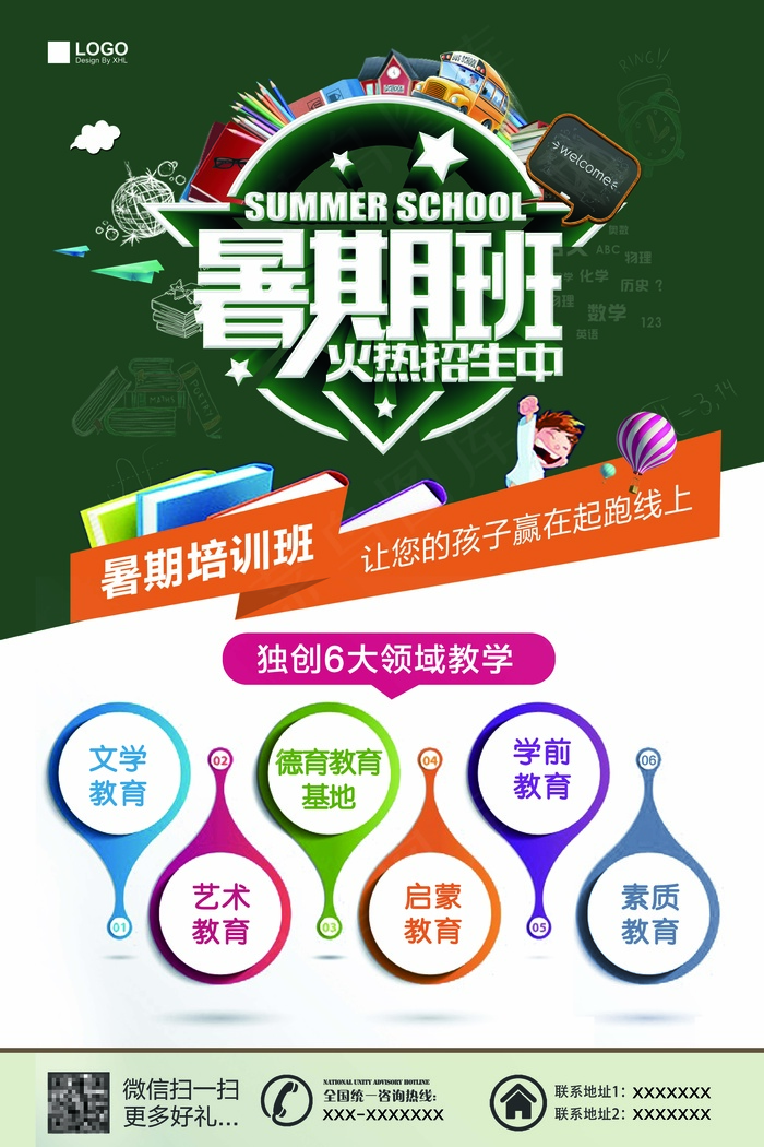 卡通时尚创意暑假招生班海报PSD模...