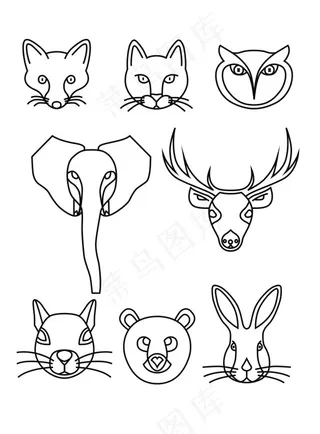 卡通动物头像简笔画黑白插画