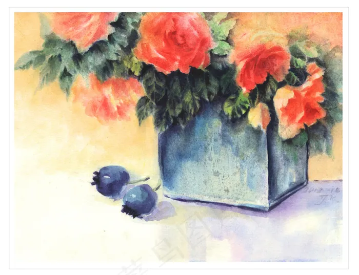 原创水彩画玫瑰和蓝莓图片