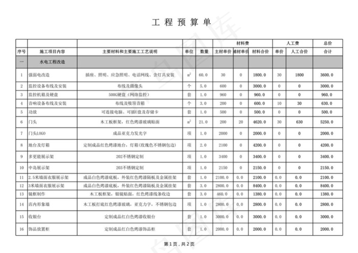 第七套 服装店装修设计预算