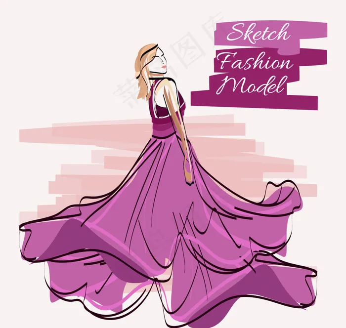 模特穿着紫色连衣裙的素描eps,ai矢量模版下载