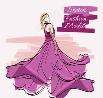 模特穿着紫色连衣裙的素描