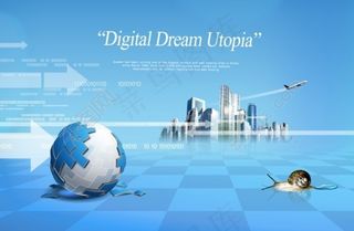 科技清新建筑群大气蓝色地球蜗牛飞机箭头