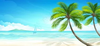 淘宝矢量卡通蓝天白云大海小船树木海报背景