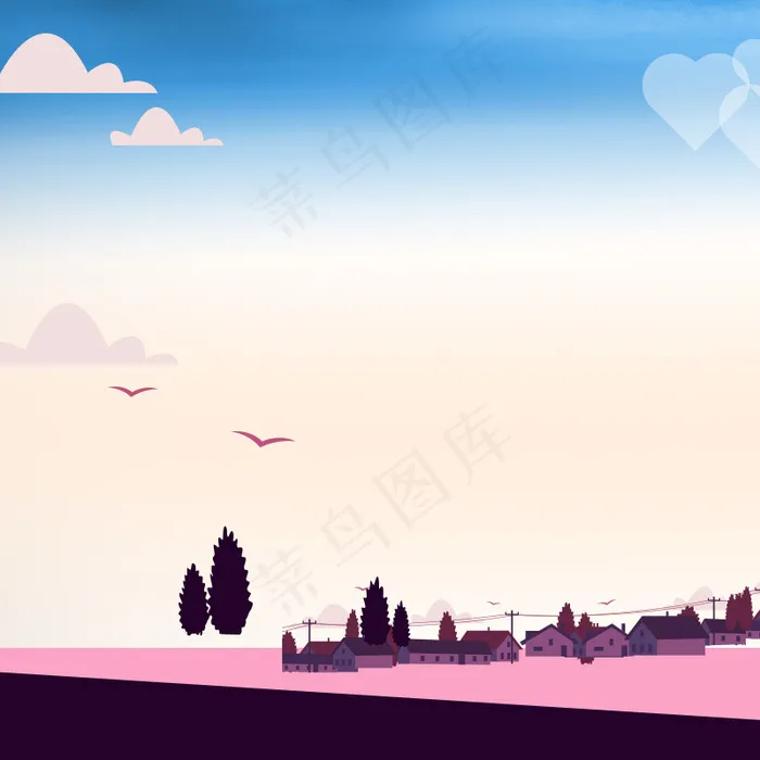 卡通情人节钻戒浪漫房子剪影背景psd模版下载