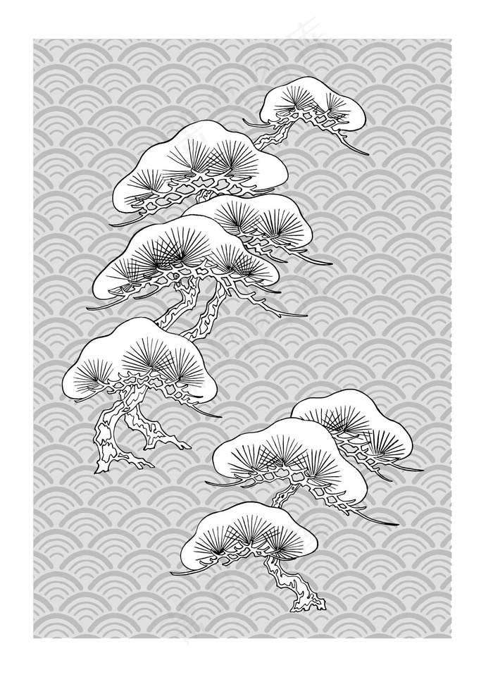 日本线描松树&古典波浪背景矢量素材eps,ai矢量模版下载