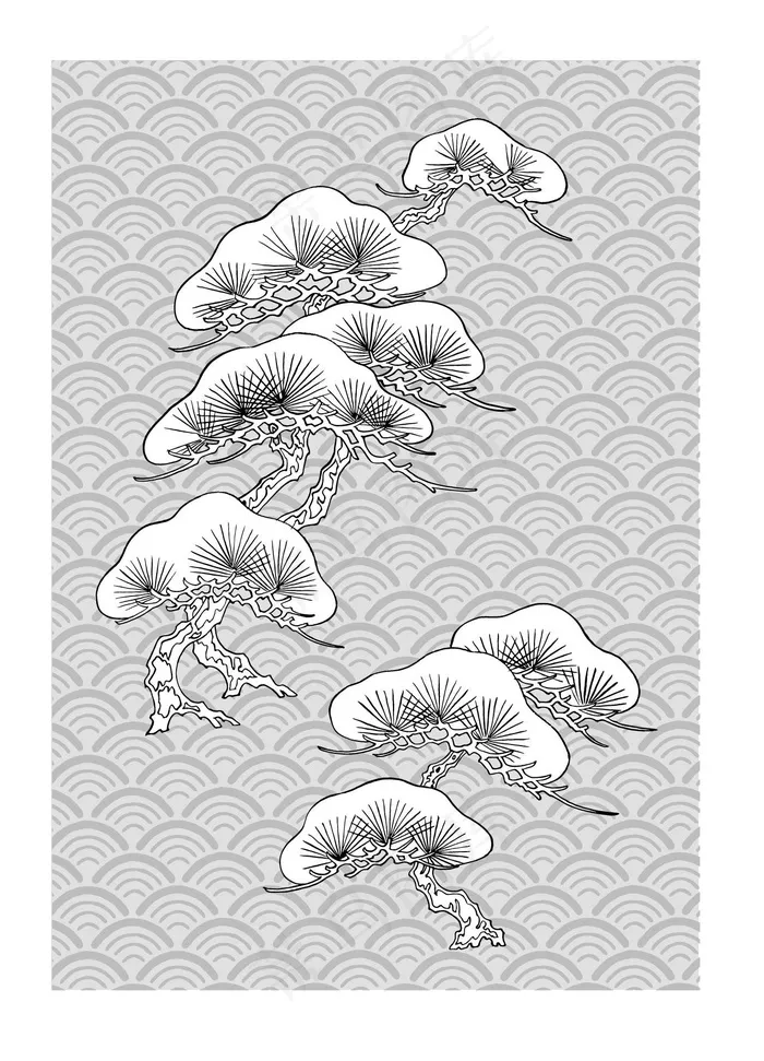 日本线描松树&古典波浪背景矢量素材eps,ai矢量模版下载