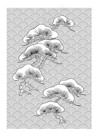 日本线描松树&古典波浪背景矢量素材
