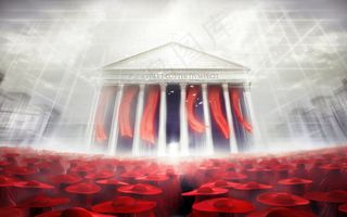 梦幻白色建筑红色人海报背景图