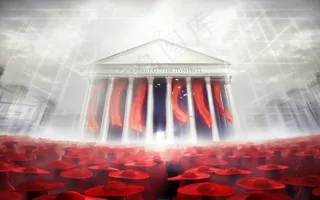 梦幻白色建筑红色人海报背景图