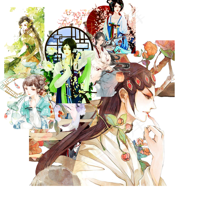 中国风古典唯美少女插画元素(9449X9449(DPI:300))psd模版下载