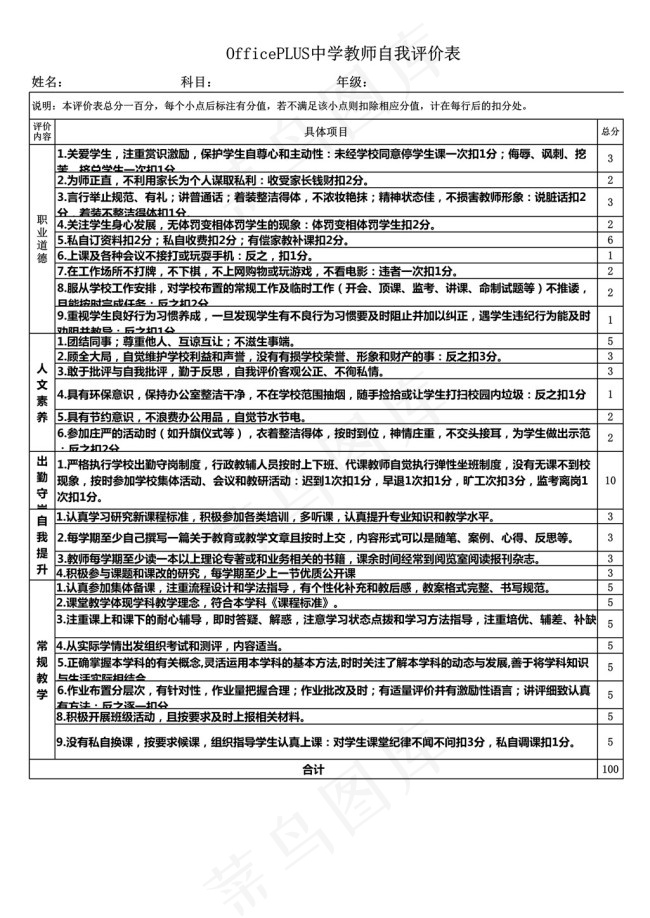 教师自我评价表-Excel图表模板