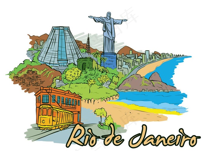 手绘巴西里约热内卢沿海城市建筑矢量...