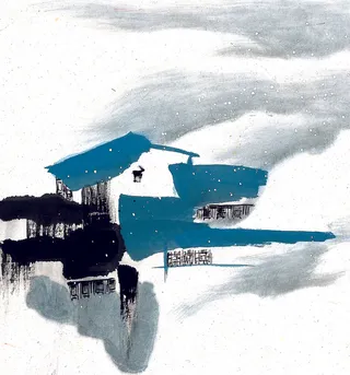 雪天山顶水墨画笔触