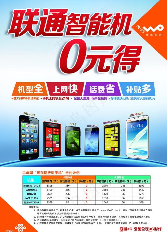 联通智能机0元得图片psd模版下载