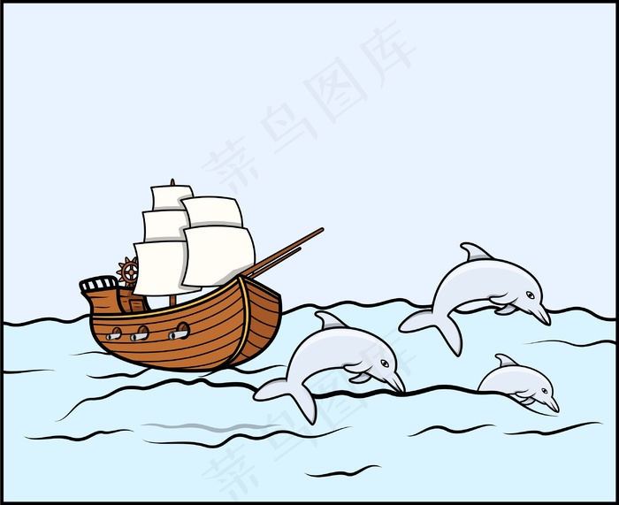 海豚-矢量插画古船
