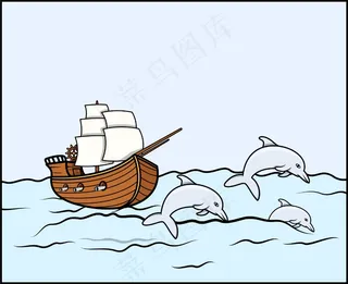 海豚-矢量插画古船