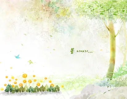 阳光灿烂的森林水彩画 阳光灿烂的森林水彩画