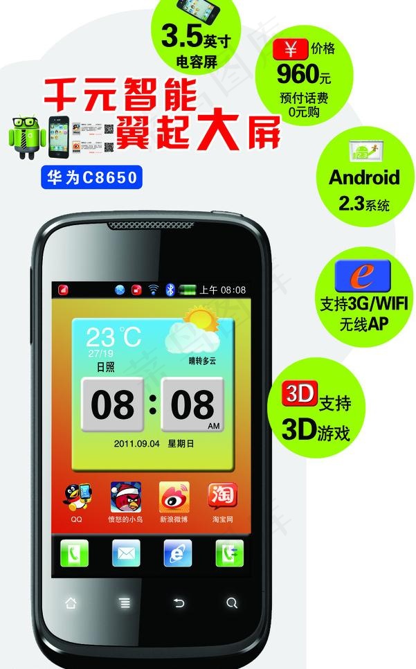 电信华为c8650手机图片psd模版下载