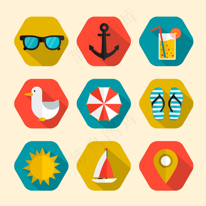 9款六边形度假图标矢量图