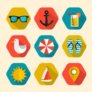 9款六边形度假图标矢量图