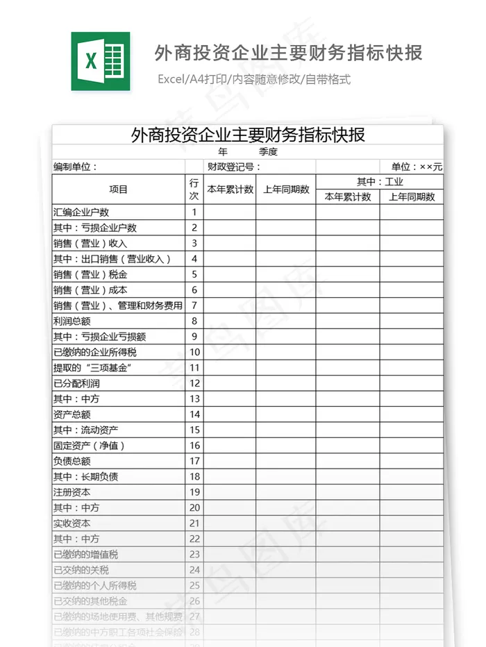 外商投资企业主要财务指标快报表格