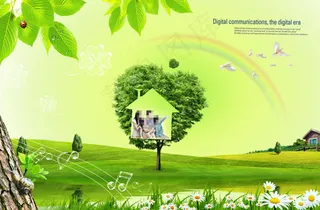 草地上的花丛和绿树