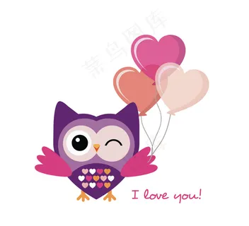 卡通猫头鹰爱心气球分层插画