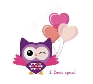 卡通猫头鹰爱心气球分层插画