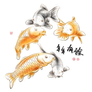 中国水墨画矢量鲤鱼