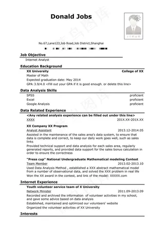 互联网数据分析岗位英文简历模板（应...