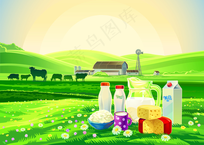 牛奶与农场景观海报矢量素材ai矢量模版下载