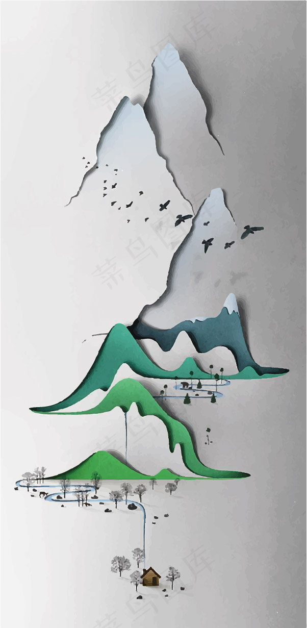 山水画 大雁 乡村ai矢量模版下载