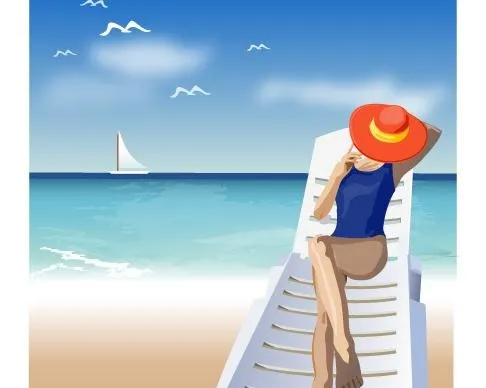 海滩享受日光浴的女性图片