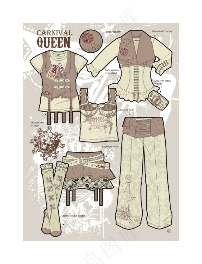 美式怀旧马戏团服装款式设计矢量图