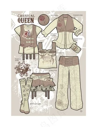 美式怀旧马戏团服装款式设计矢量图