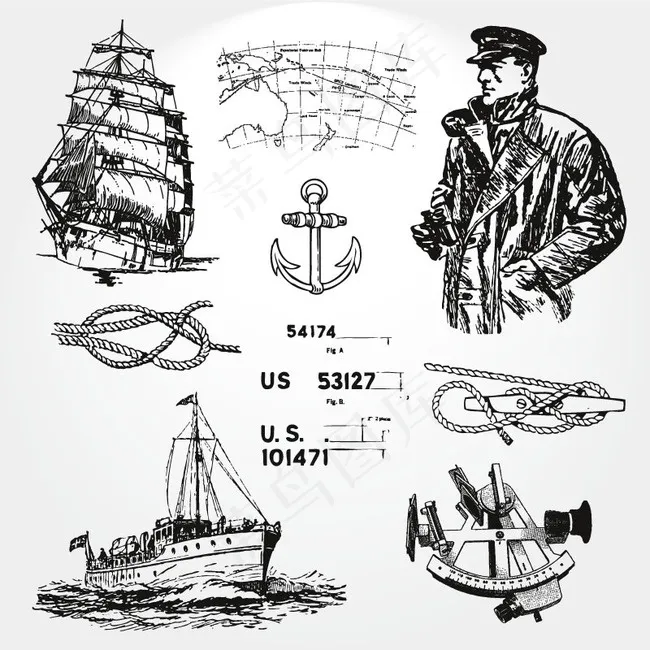 手绘航海插画元素矢量素材
