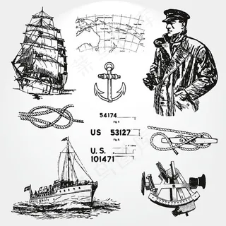 手绘航海插画元素矢量素材 手绘航海插画元素矢量素材