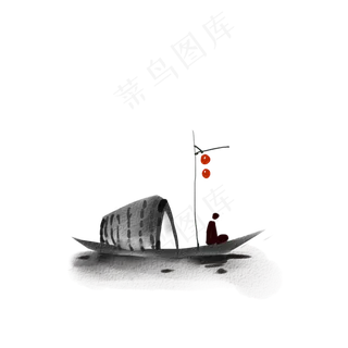 水墨江上古风小船png,免抠元素