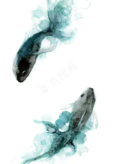 手绘墨染青色鲤鱼古风装饰素材