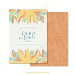 手绘的叶子婚礼卡上的橙色背景