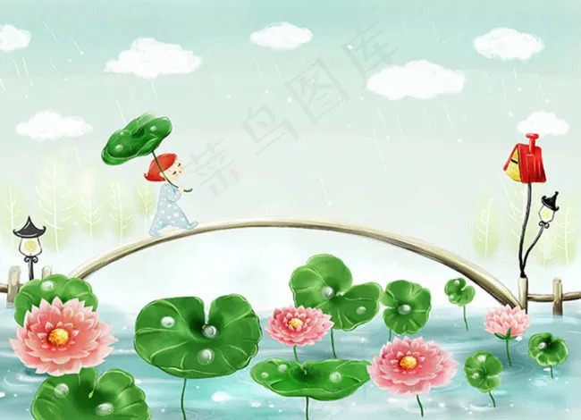 夏季雨中荷花池塘浪漫清新插画图片设...