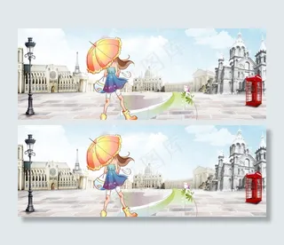 城市街上打伞女孩